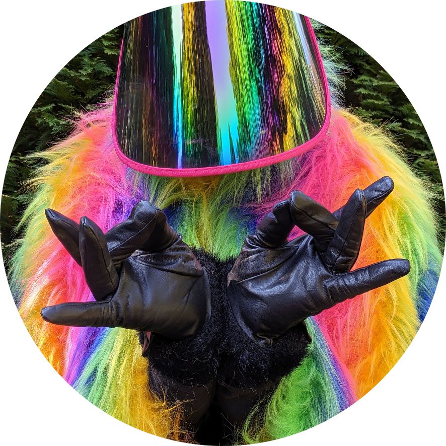 Enlarge image: Hände in schwarzen Lederhandschuhen machen eine Geste vor einer verspiegelten Maske mit Fellkragen in Regenbogenfarben
